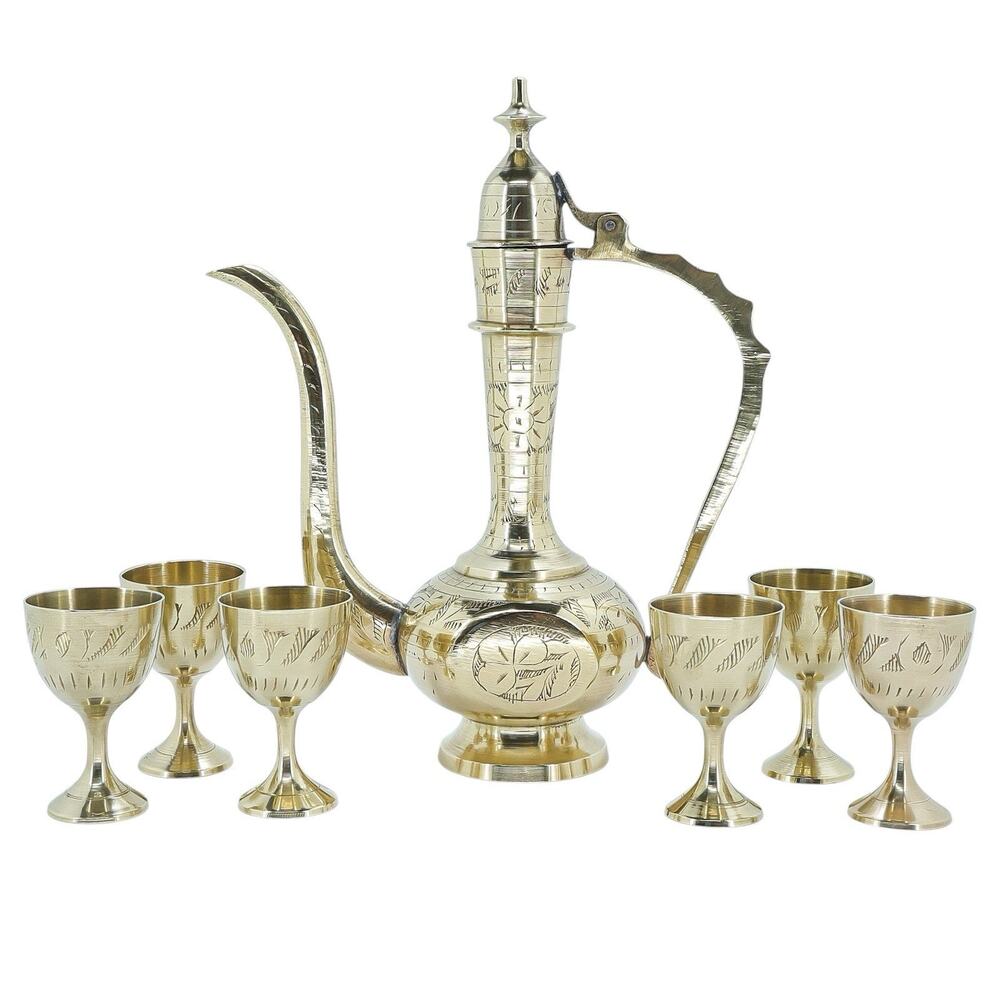 Vintage Brass Ewer & 6 Goblets Etched Middle Eastern Moroccan Tea Pitcher Set